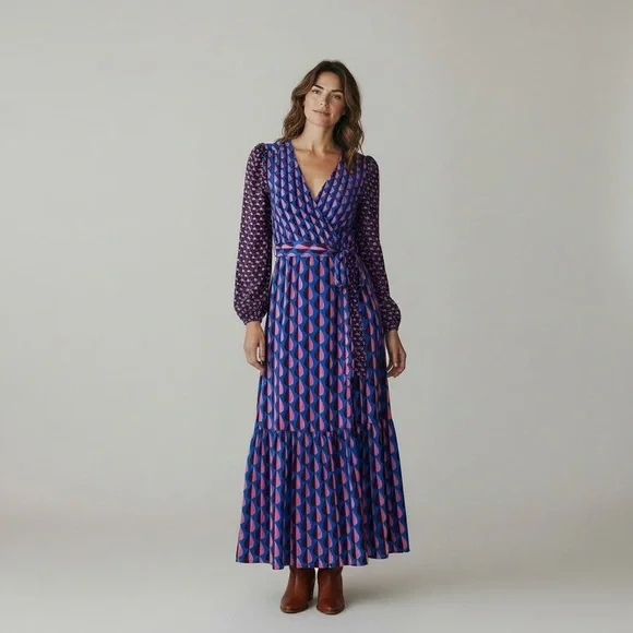 Boden Ophelia Faux Wrap Maxi Dress Multicolor Jersey Raindrop Geo Tie Waist Sz 0 - Picture 7 of 7